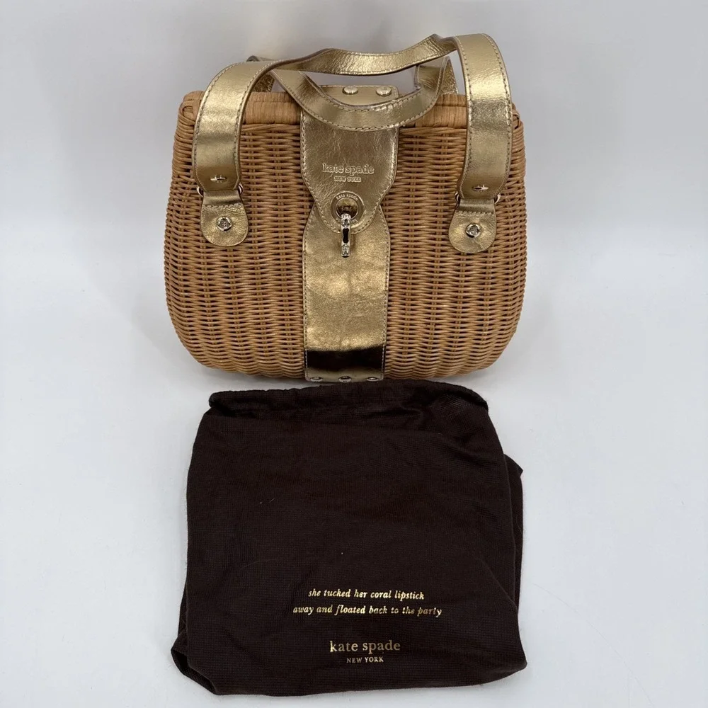 Vintage Kate Spade New York Womens Wicker Leather Top Open Handbag Y2K